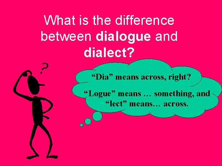 What is the difference between dialogue and dialect? “Dia” means across, right? “Logue” means