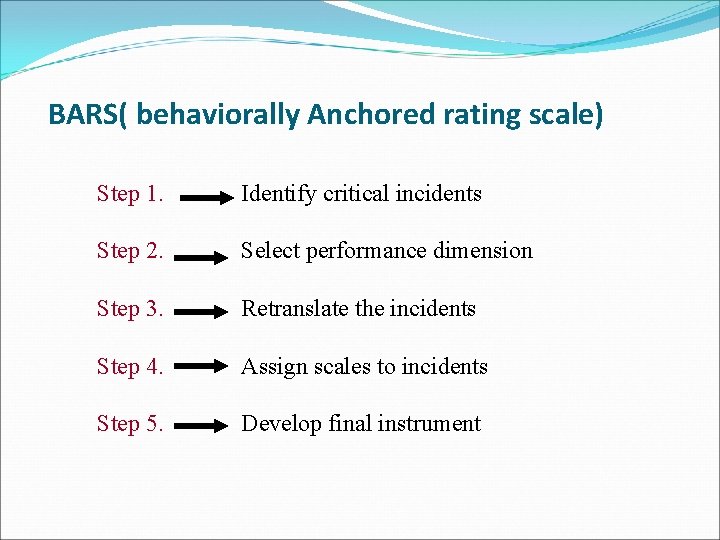 BARS( behaviorally Anchored rating scale) Step 1. Identify critical incidents Step 2. Select performance