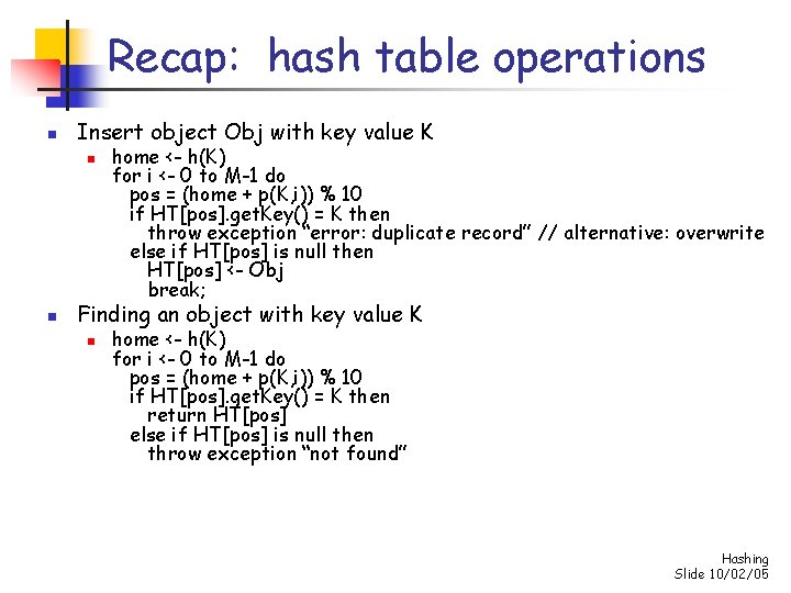 Recap: hash table operations n Insert object Obj with key value K n n