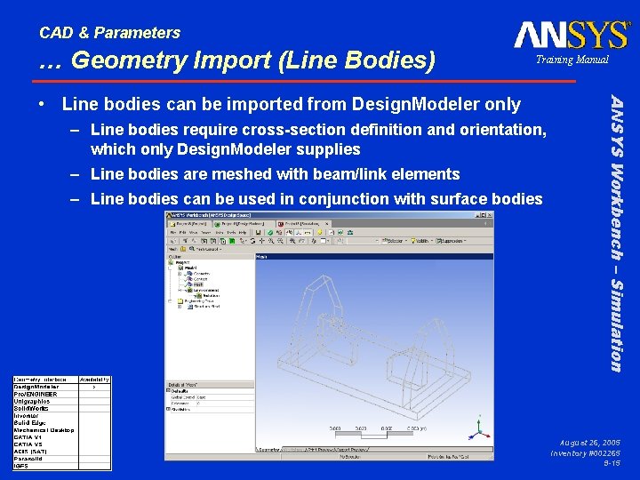 CAD & Parameters … Geometry Import (Line Bodies) Training Manual – Line bodies require
