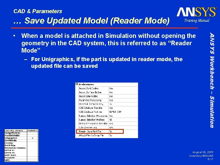 CAD & Parameters … Save Updated Model (Reader Mode) Training Manual – For Unigraphics,