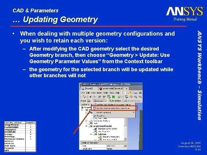 CAD & Parameters … Updating Geometry Training Manual – After modifying the CAD geometry