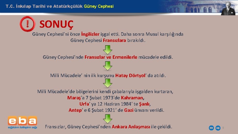 T. C. İnkılap Tarihi ve Atatürkçülük Güney Cephesi ! SONUÇ Güney Cephesi’ni önce İngilizler