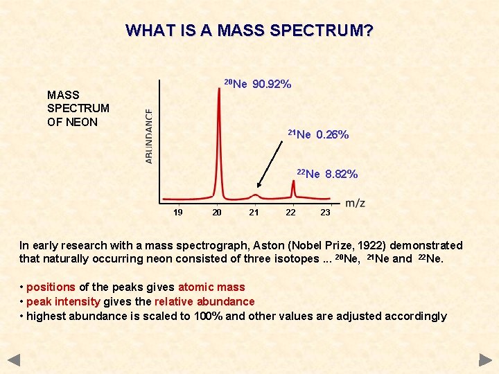 WHAT IS A MASS SPECTRUM? 20 Ne MASS SPECTRUM OF NEON 90. 92% 21