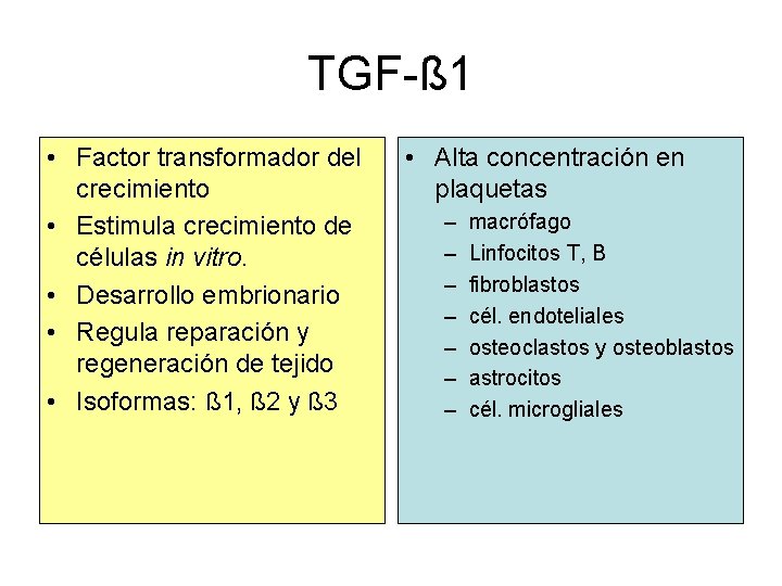 TGF-ß 1 • Factor transformador del crecimiento • Estimula crecimiento de células in vitro.