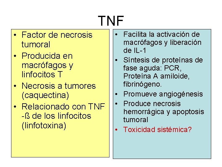 TNF • Factor de necrosis tumoral • Producida en macrófagos y linfocitos T •
