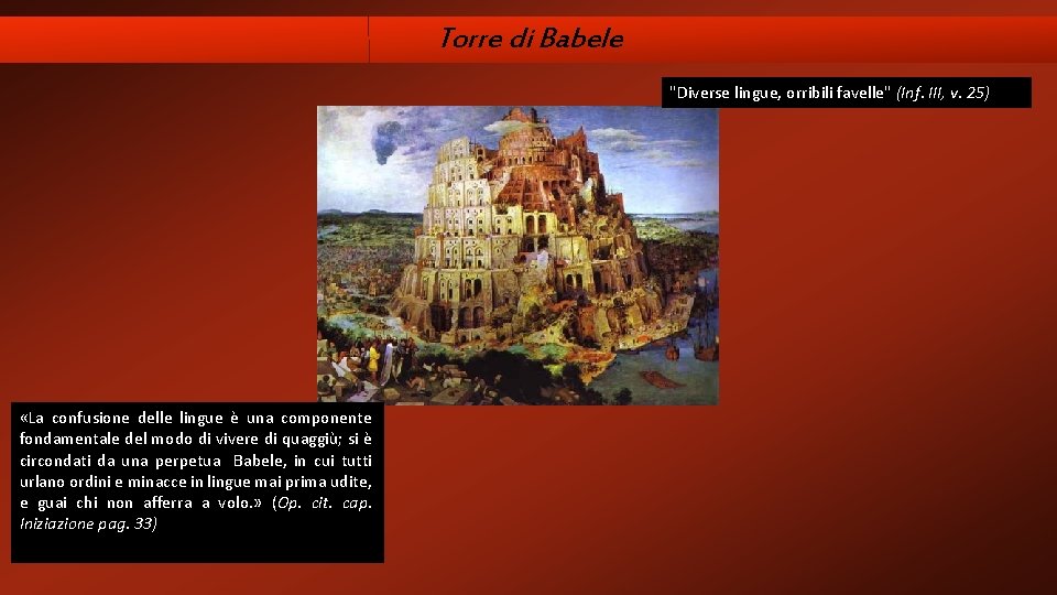 Torre di Babele "Diverse lingue, orribili favelle" (Inf. III, v. 25) «La confusione delle