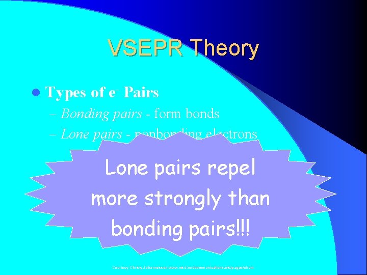 VSEPR Theory l Types of e- Pairs – Bonding pairs - form bonds –