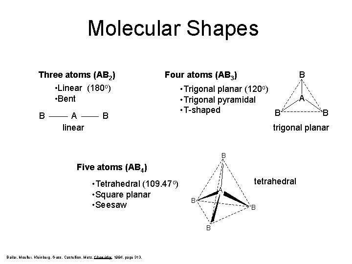 Molecular Shapes Three atoms (AB 2) Four atoms (AB 3) • Linear (180 o)