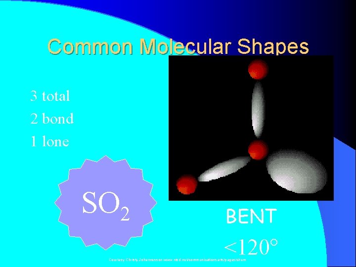 Common Molecular Shapes 3 total 2 bond 1 lone SO 2 BENT <120° Courtesy