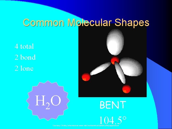 Common Molecular Shapes 4 total 2 bond 2 lone H 2 O BENT 104.