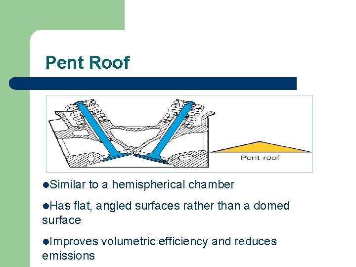 Pent Roof l. Similar to a hemispherical chamber l. Has flat, angled surfaces rather