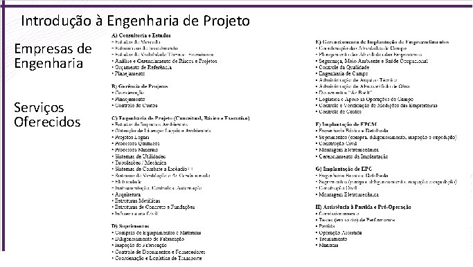 Introdução à Engenharia de Projeto Empresas de Engenharia Serviços Oferecidos 