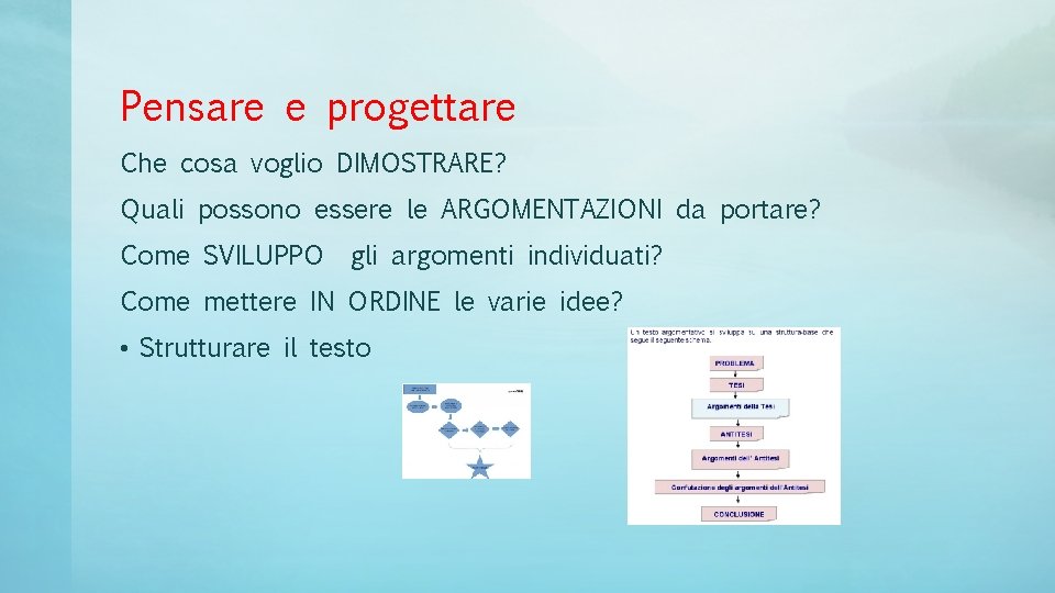 Pensare e progettare Che cosa voglio DIMOSTRARE? Quali possono essere le ARGOMENTAZIONI da portare?