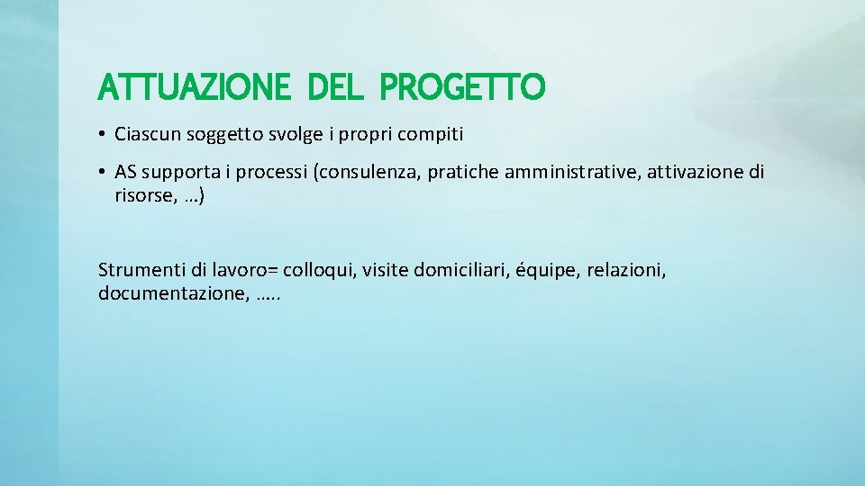 ATTUAZIONE DEL PROGETTO • Ciascun soggetto svolge i propri compiti • AS supporta i