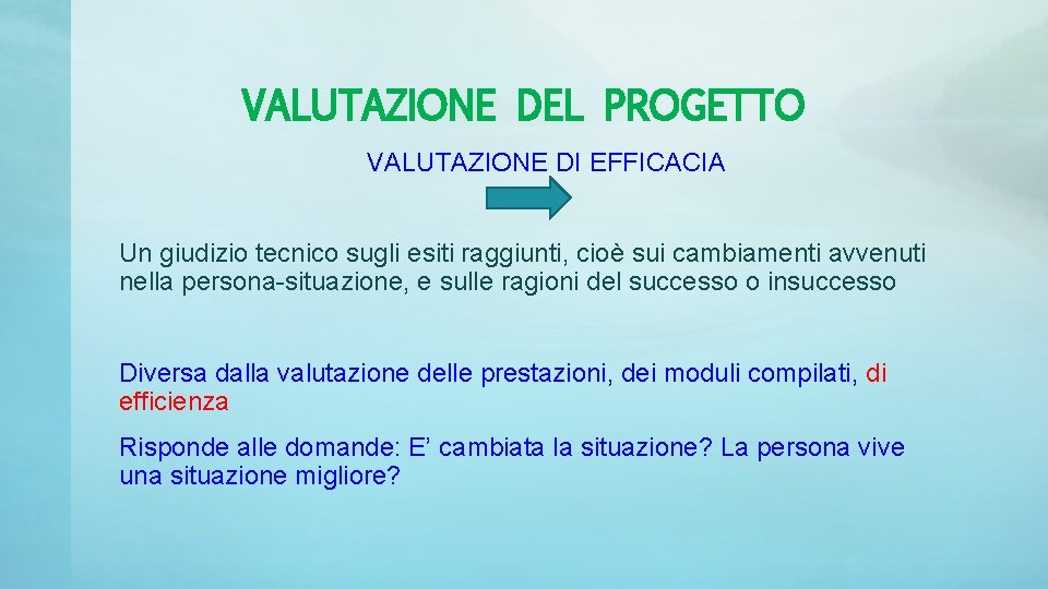 VALUTAZIONE DEL PROGETTO VALUTAZIONE DI EFFICACIA Un giudizio tecnico sugli esiti raggiunti, cioè sui