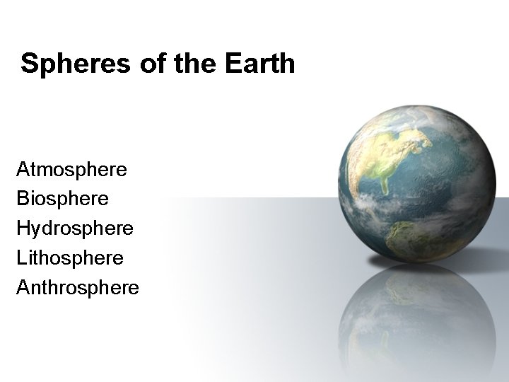 Spheres of the Earth Atmosphere Biosphere Hydrosphere Lithosphere Anthrosphere 
