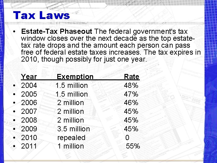 Tax Laws • Estate-Tax Phaseout The federal government's tax window closes over the next