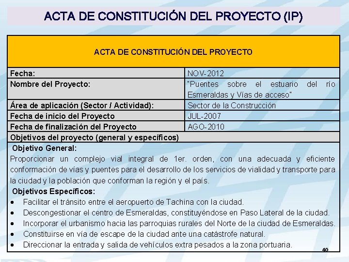 ACTA DE CONSTITUCIÓN DEL PROYECTO (IP) ACTA DE CONSTITUCIÓN DEL PROYECTO Fecha: Nombre del