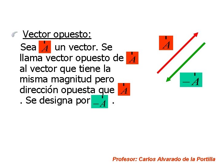 Vector opuesto: Sea un vector. Se llama vector opuesto de al vector que tiene