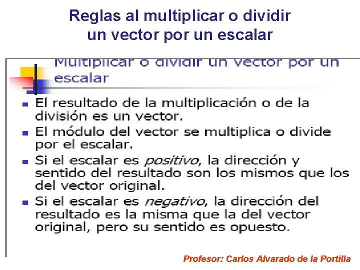 Reglas al multiplicar o dividir un vector por un escalar Profesor: Carlos Alvarado de