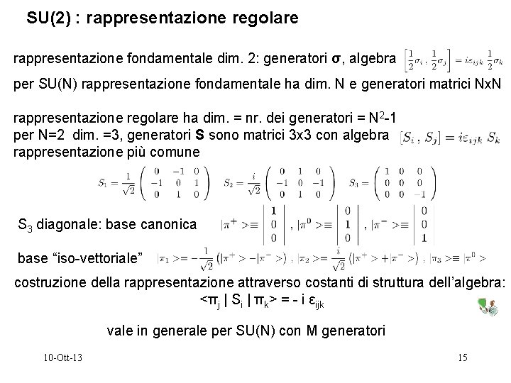 SU(2) : rappresentazione regolare rappresentazione fondamentale dim. 2: generatori σ, algebra per SU(N) rappresentazione