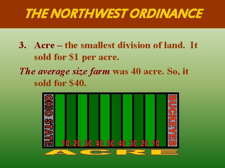 THE NORTHWEST ORDINANCE 3. Acre – the smallest division of land. It sold for