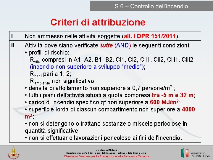 Criteri di attribuzione I Non ammesso nelle attività soggette (all. I DPR 151/2011) II