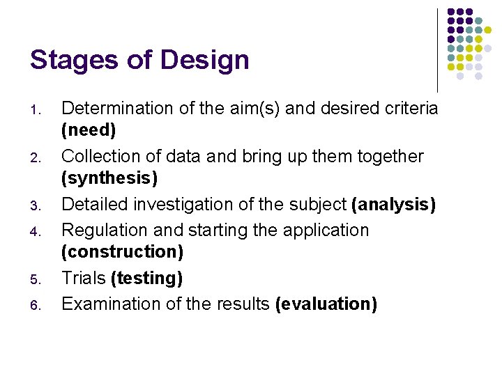 Stages of Design 1. 2. 3. 4. 5. 6. Determination of the aim(s) and