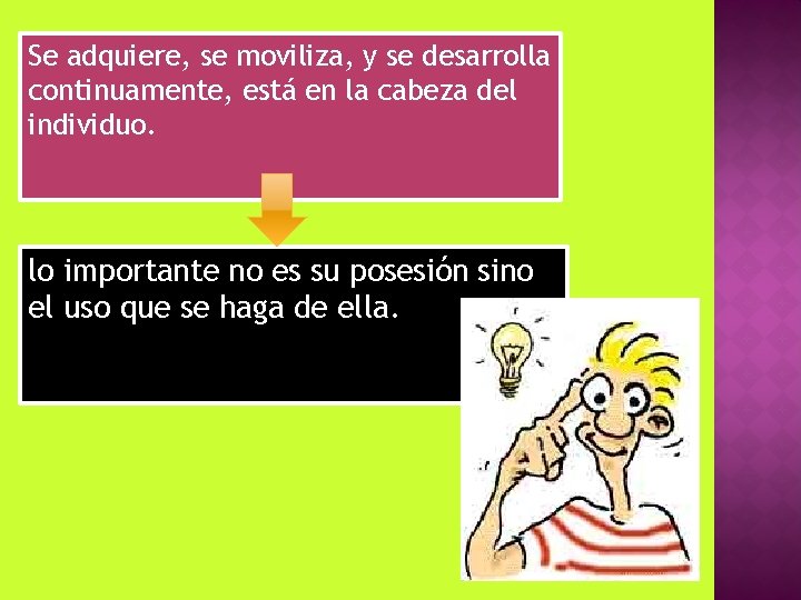 Se adquiere, se moviliza, y se desarrolla continuamente, está en la cabeza del individuo.