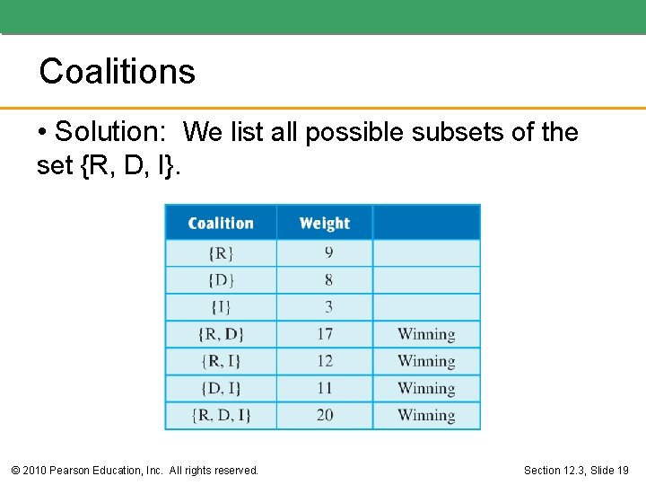 Coalitions • Solution: We list all possible subsets of the set {R, D, I}.