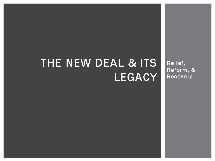 THE NEW DEAL & ITS LEGACY Relief, Reform, & Recovery 