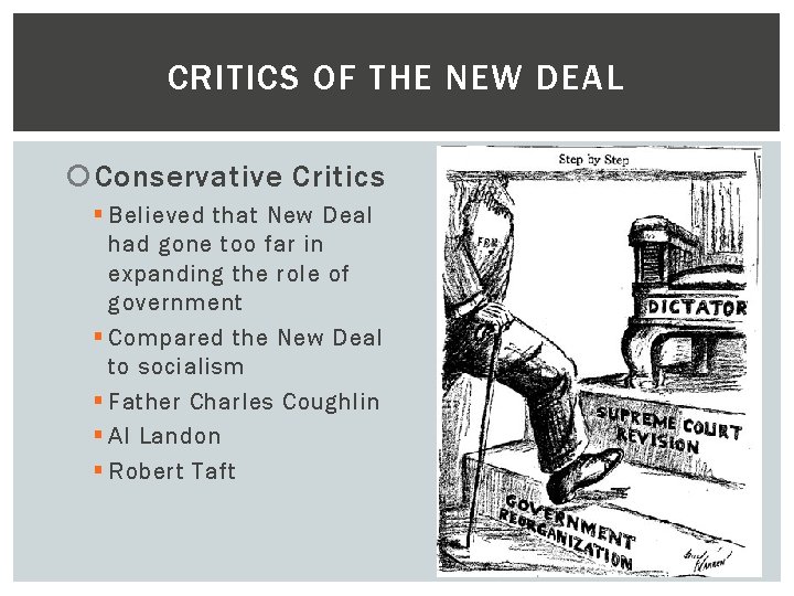 CRITICS OF THE NEW DEAL Conservative Critics § Believed that New Deal had gone