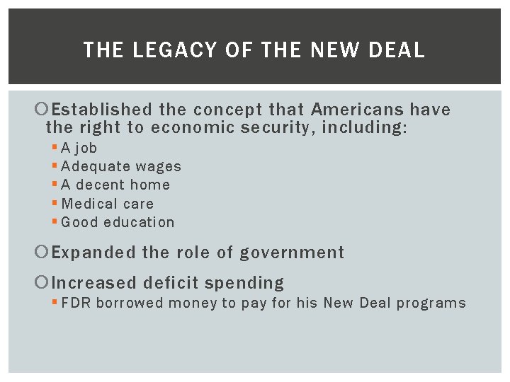 THE LEGACY OF THE NEW DEAL Established the concept that Americans have the right