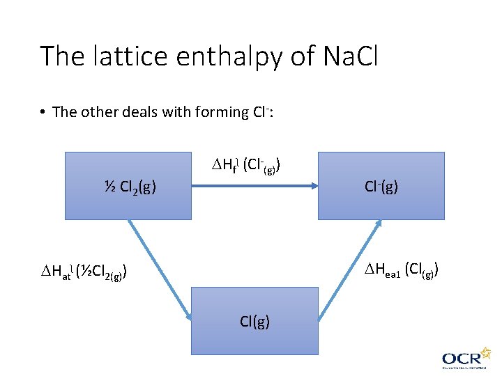 The lattice enthalpy of Na. Cl • The other deals with forming Cl-: ½ The lattice enthalpy of Na. Cl • The other deals with forming Cl-: ½