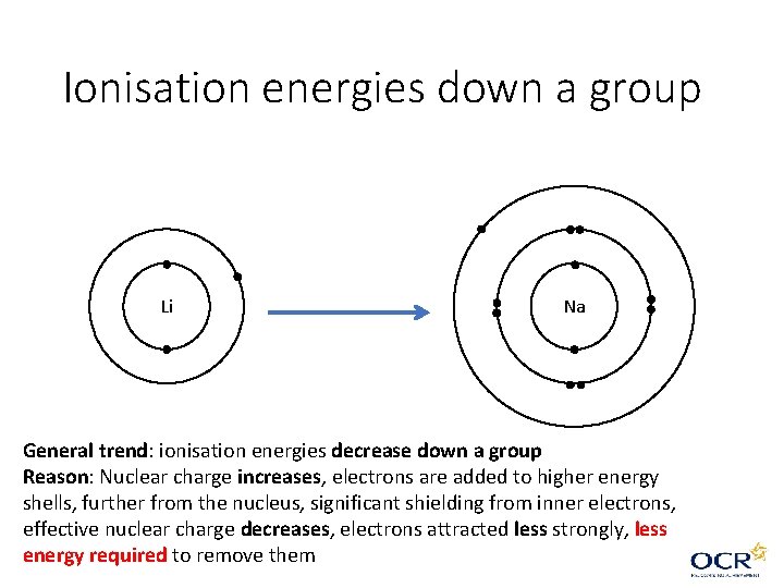 Ionisation energies down a group Li Na General trend: ionisation energies decrease down a Ionisation energies down a group Li Na General trend: ionisation energies decrease down a