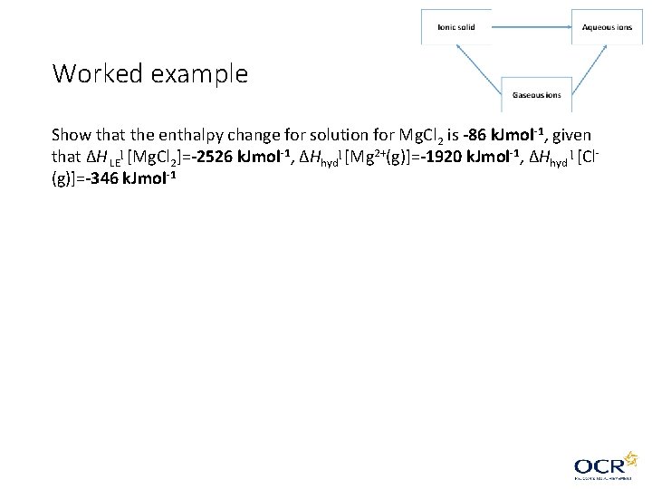 Worked example Show that the enthalpy change for solution for Mg. Cl 2 is Worked example Show that the enthalpy change for solution for Mg. Cl 2 is