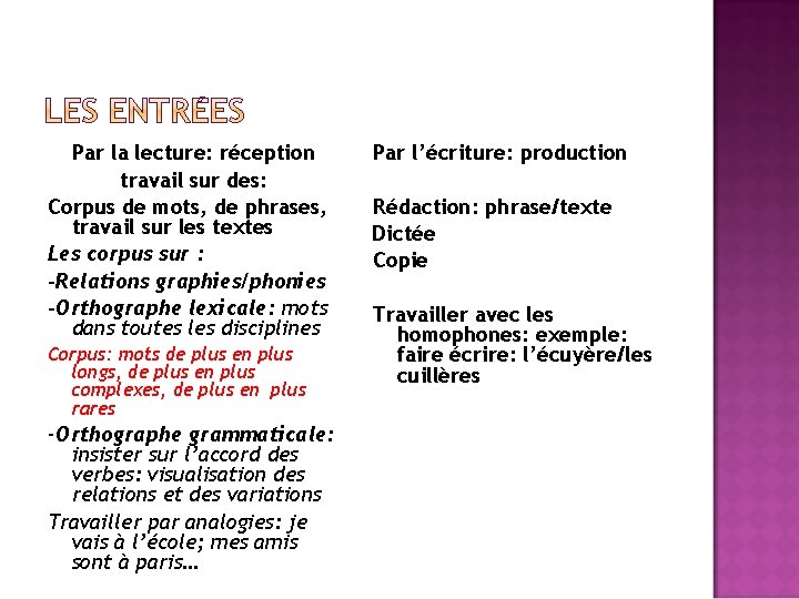 Par la lecture: réception travail sur des: Corpus de mots, de phrases, travail sur