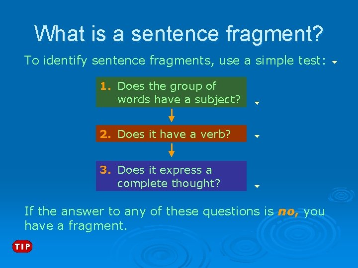 What is a sentence fragment? To identify sentence fragments, use a simple test: 1.
