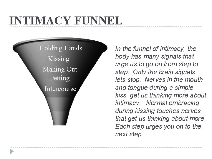 INTIMACY FUNNEL Holding Hands Kissing Making Out Petting Intercourse In the funnel of intimacy, INTIMACY FUNNEL Holding Hands Kissing Making Out Petting Intercourse In the funnel of intimacy,