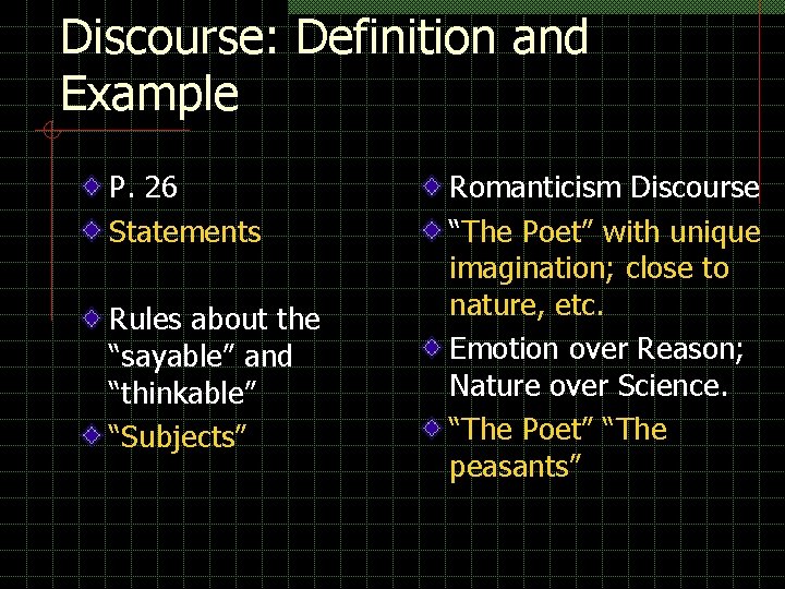 Discourse: Definition and Example P. 26 Statements Rules about the “sayable” and “thinkable” “Subjects” Discourse: Definition and Example P. 26 Statements Rules about the “sayable” and “thinkable” “Subjects”
