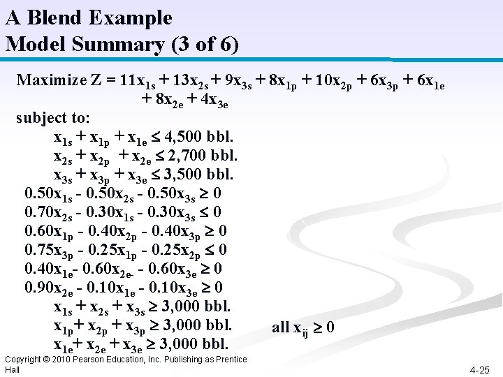 A Blend Example Model Summary (3 of 6) Maximize Z = 11 x 1