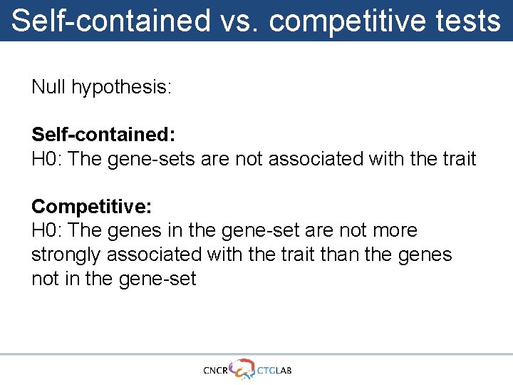 Self-contained vs. competitive tests Null hypothesis: Self-contained: H 0: The gene-sets are not associated