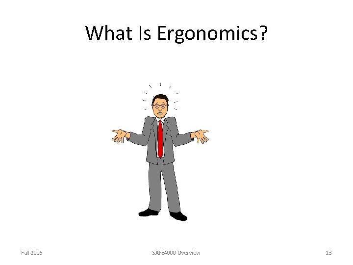 What Is Ergonomics? Fall 2006 SAFE 4000 Overview 13 