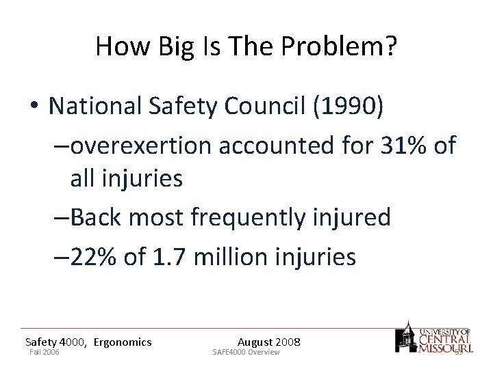 How Big Is The Problem? • National Safety Council (1990) –overexertion accounted for 31%