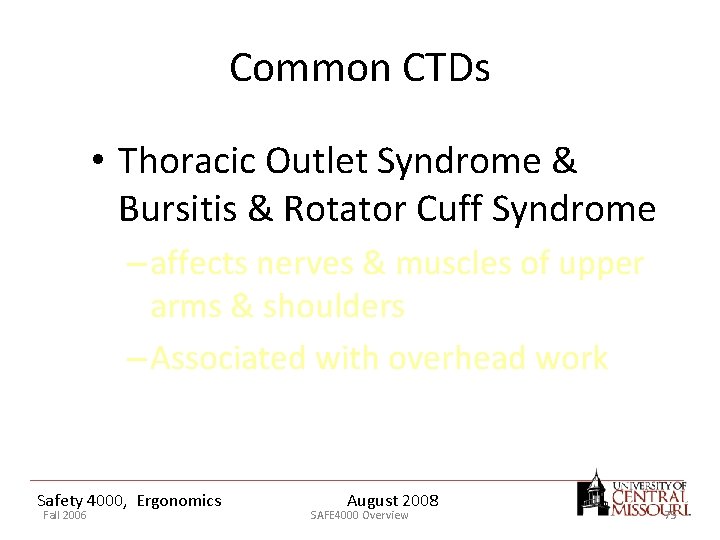 Common CTDs • Thoracic Outlet Syndrome & Bursitis & Rotator Cuff Syndrome – affects