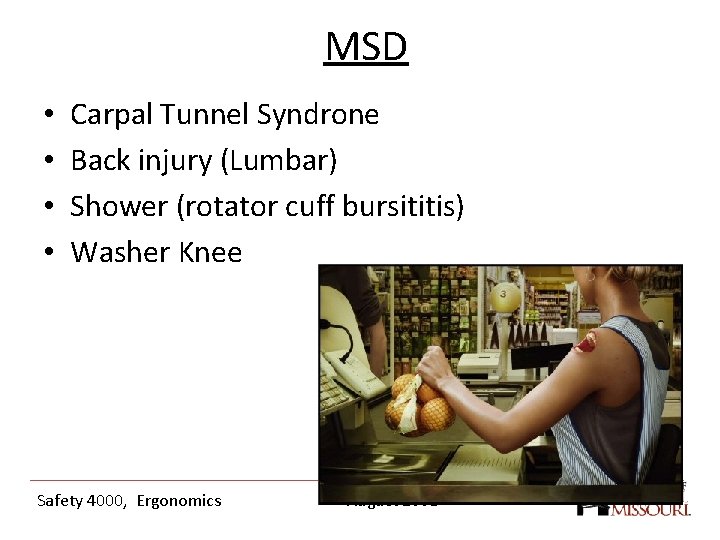 MSD • • Carpal Tunnel Syndrone Back injury (Lumbar) Shower (rotator cuff bursititis) Washer