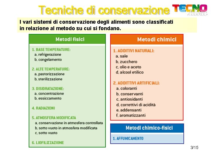 I vari sistemi di conservazione degli alimenti sono classificati in relazione al metodo su
