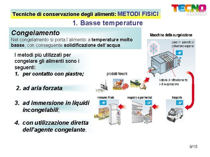 Tecniche di conservazione degli alimenti: METODI FISICI 1. Basse temperature Congelamento Nel congelamento si