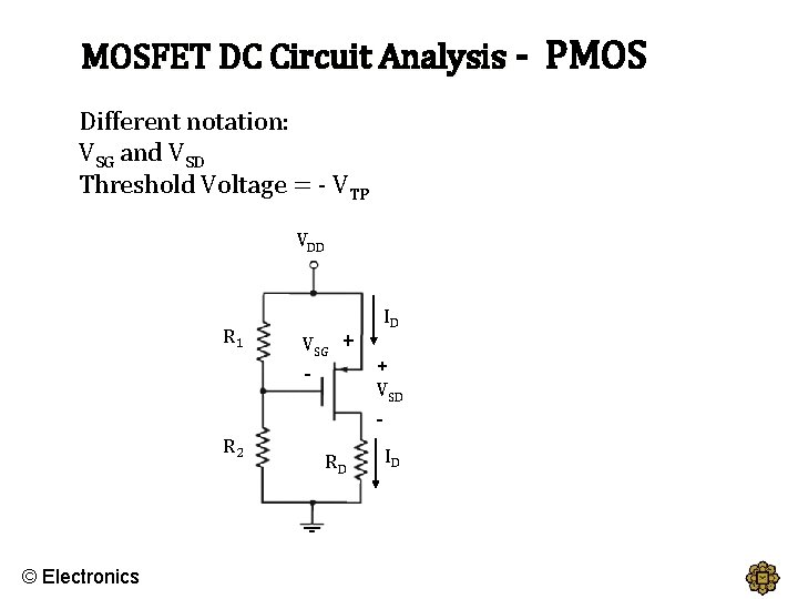 MOSFET DC Circuit Analysis - PMOS Different notation: VSG and VSD Threshold Voltage =